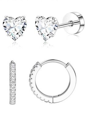 #133 Stainless Steel Heart CZ Stud Earrings and Pavé Huggie Hoop Set